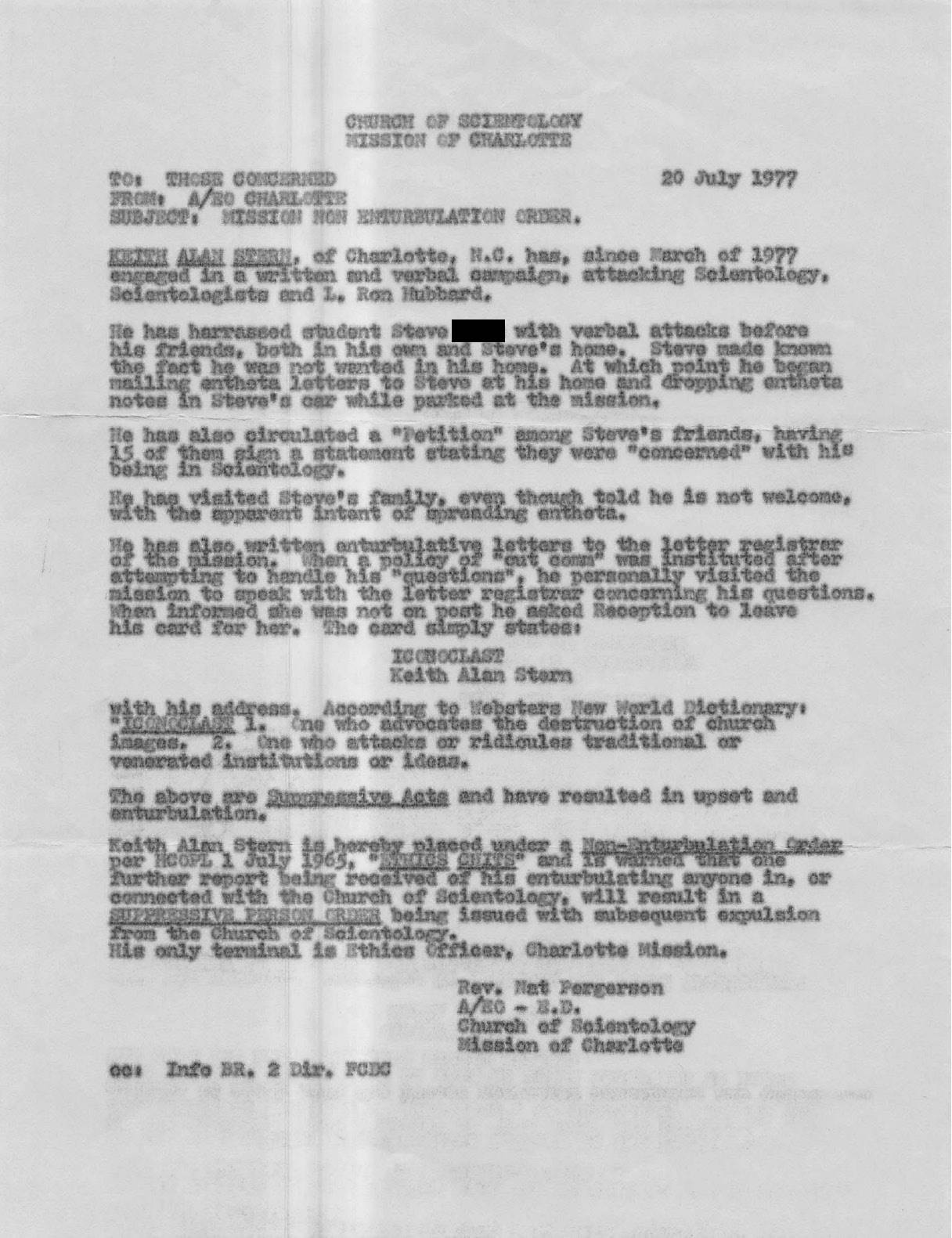 1977: Scientology Mission Non Enturbulation Order