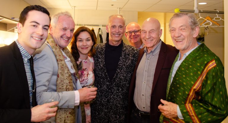 Berkeley, CA. Backstage at "No Man's Land". Andrew Britt, Sean Mathias, Sunny Ozell, John Waters, Stuart Thompson, Patrick Stewart, Ian McKellen. Photo by Keith Stern.