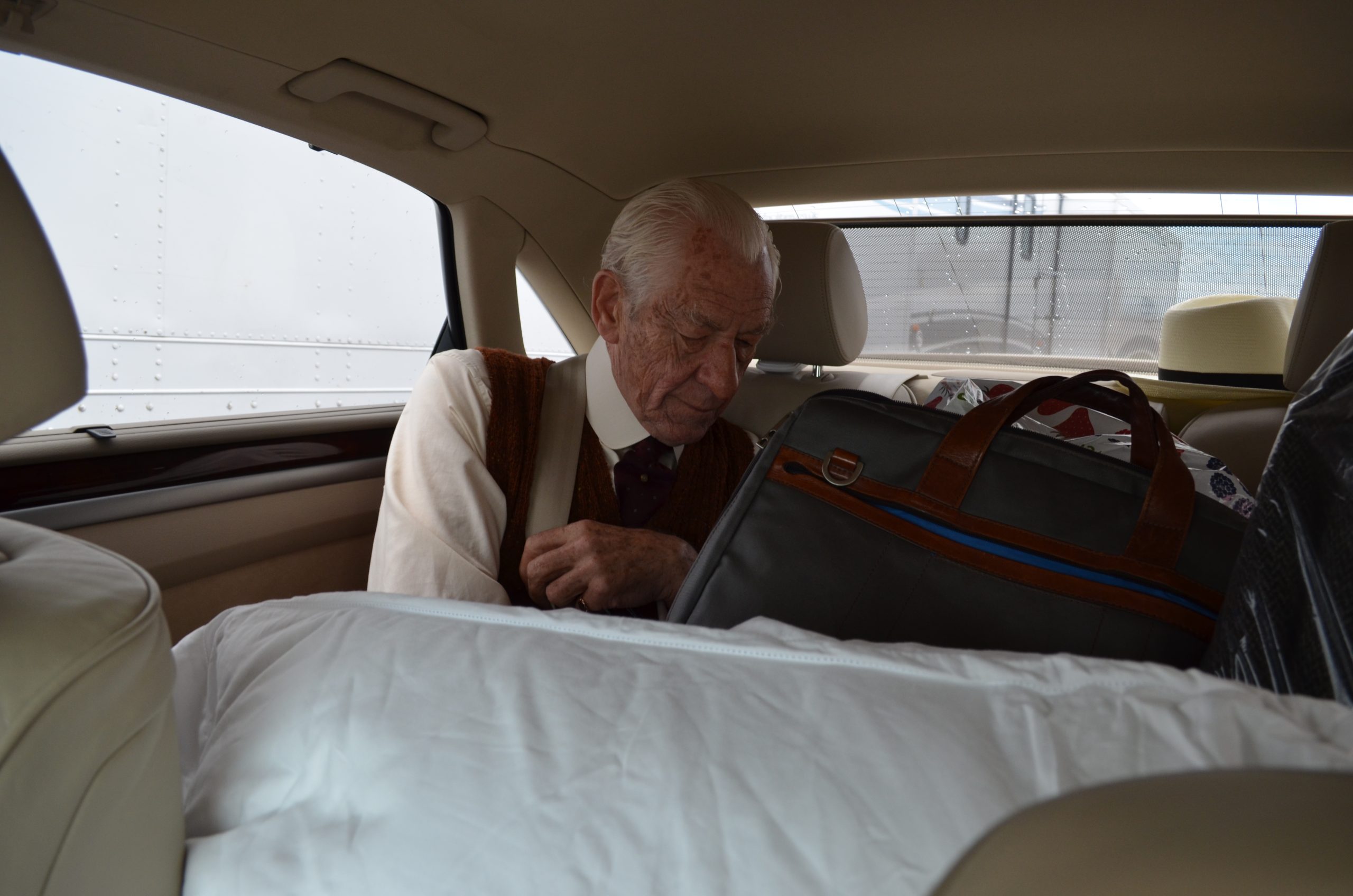 Luxury travel accommodations for Ian McKellen as he is driven to the set of “Mr. Holmes”