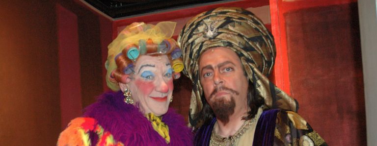 2004: Ian McKellen (Widow Twankey) and Roger Allam (Abbanazar) about to go on stage in "Aladdin" Photo by Keith Stern