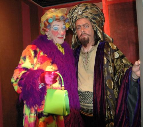 2004: Ian McKellen (Widow Twankey) and Roger Allam (Abbanazar) about to go  on stage in Aladdin Photo by Keith Stern